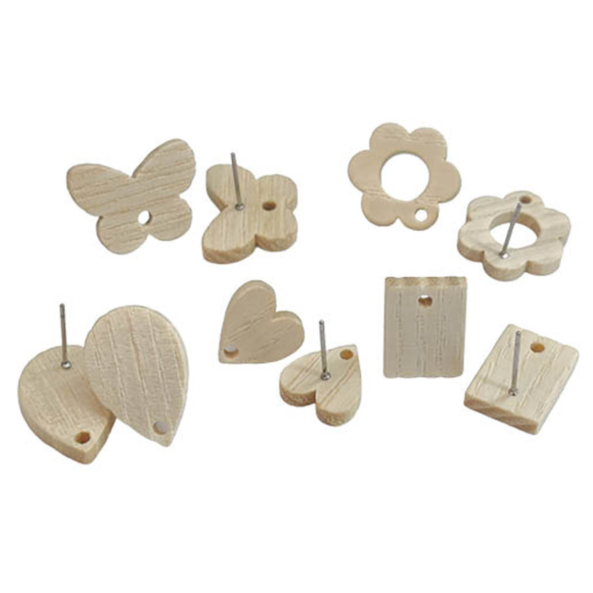 Wooden Stud Earring Bases With Tarnish Resistant 304-Stainless Steel Pins (5 Mixed Shapes x 2 PCs) 12-20 MM Range Wood Color For Jewellery Making