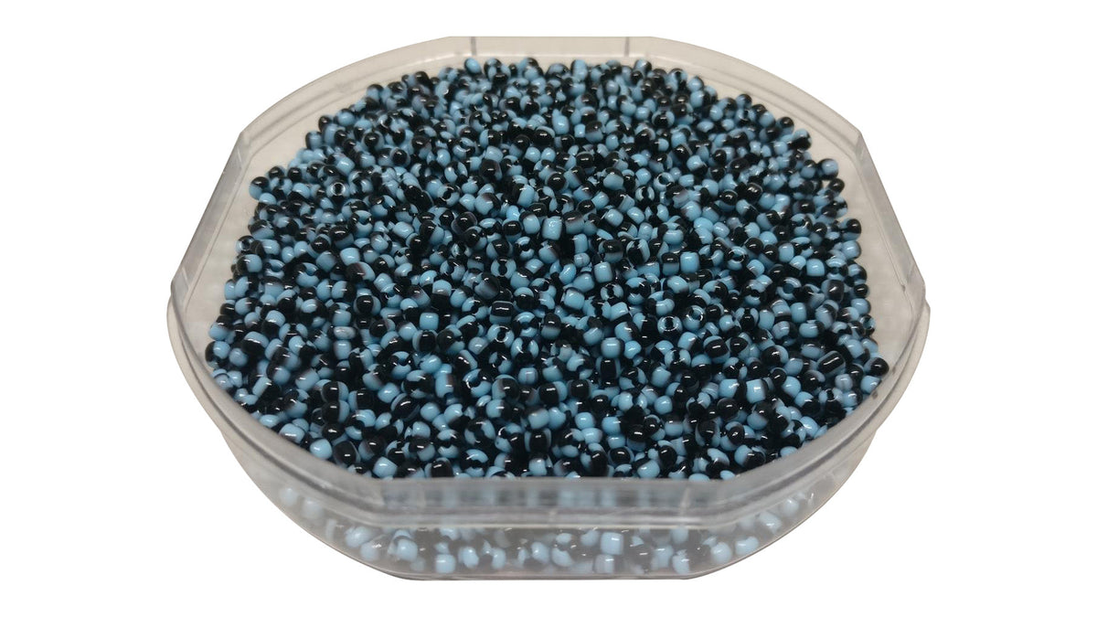 Striped Opaque 8/0 Glass Seed Beads 2.5x2 MM (800 Beads, 25 Grams Wt) Non-Uniform Round Hole 0.8 MM Black & Blue For Jewellery Making [ac-bds-00120-m14]