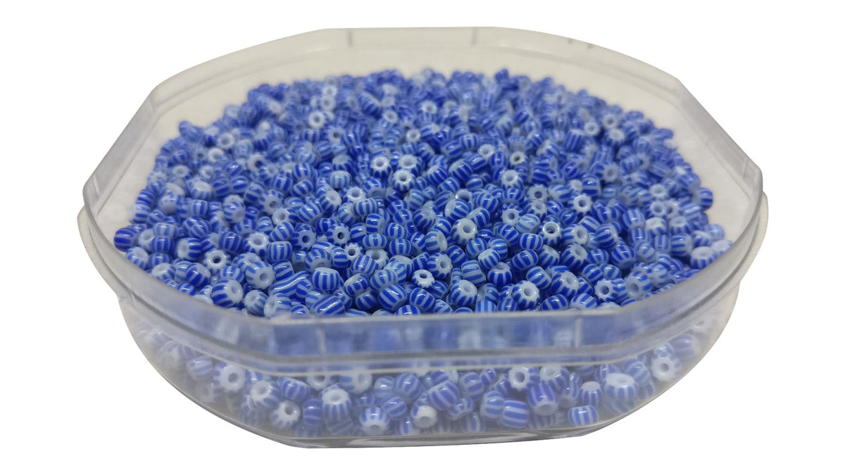 Striped Opaque 8/0 Glass Seed Beads 2.5x2 MM (800 Beads, 25 Grams Wt) Non-Uniform Round Hole 0.8 MM Blue & White For Jewellery Making [ac-bds-00120-m17]