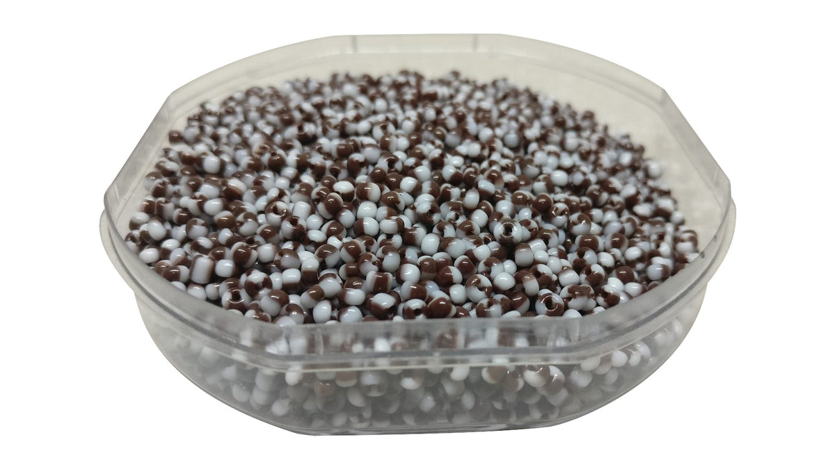 Striped Opaque 8/0 Glass Seed Beads 2.5x2 MM (800 Beads, 25 Grams Wt) Non-Uniform Round Hole 0.8 MM Brown & White For Jewellery Making [ac-bds-00120-m2]