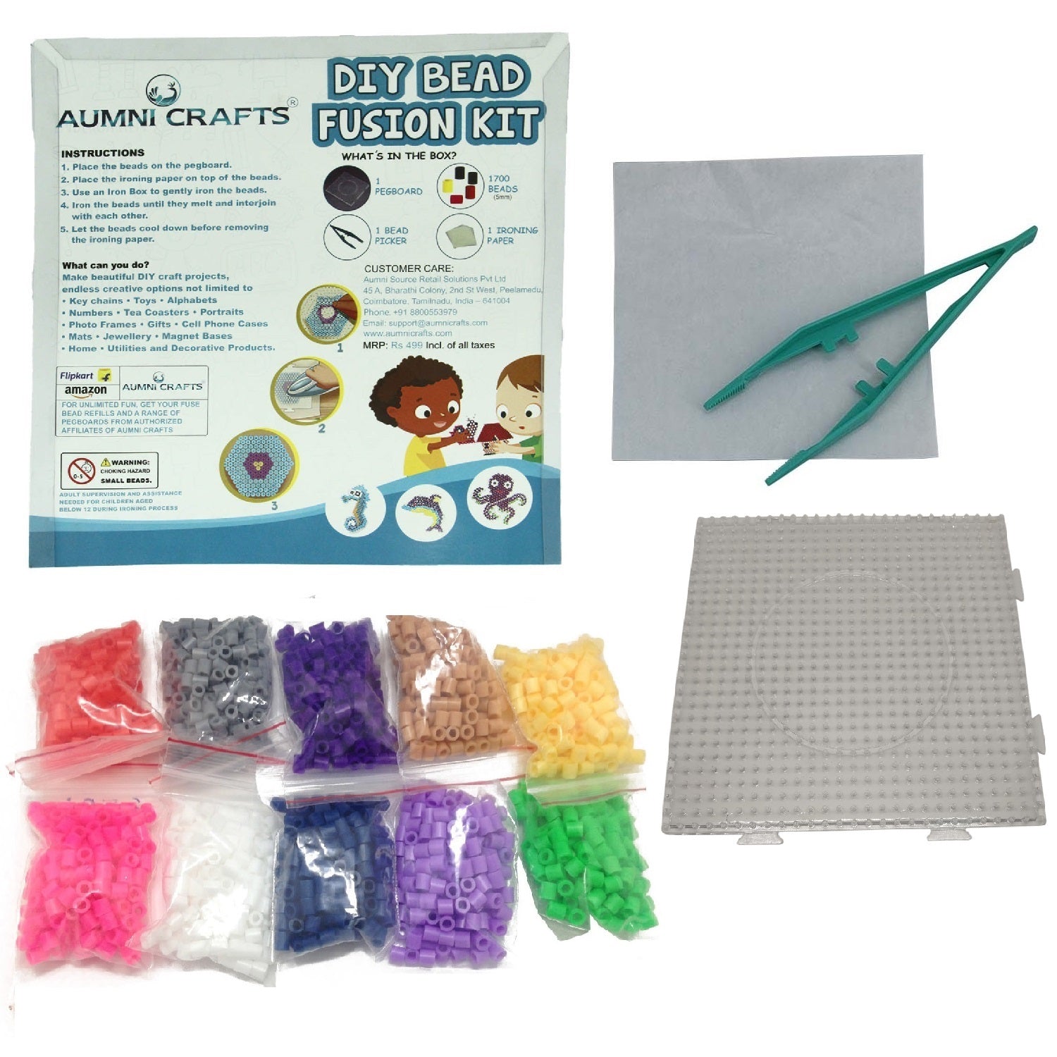 DIY Bead Fusion Kit (5 MM Beads x 1700 PCs, 1 Pegboard, 1 Tweezer, 1 Ironing Paper) For Craft Projects Hobby Gifts [jefs-gnrlcrftsupp-00045-kit1]