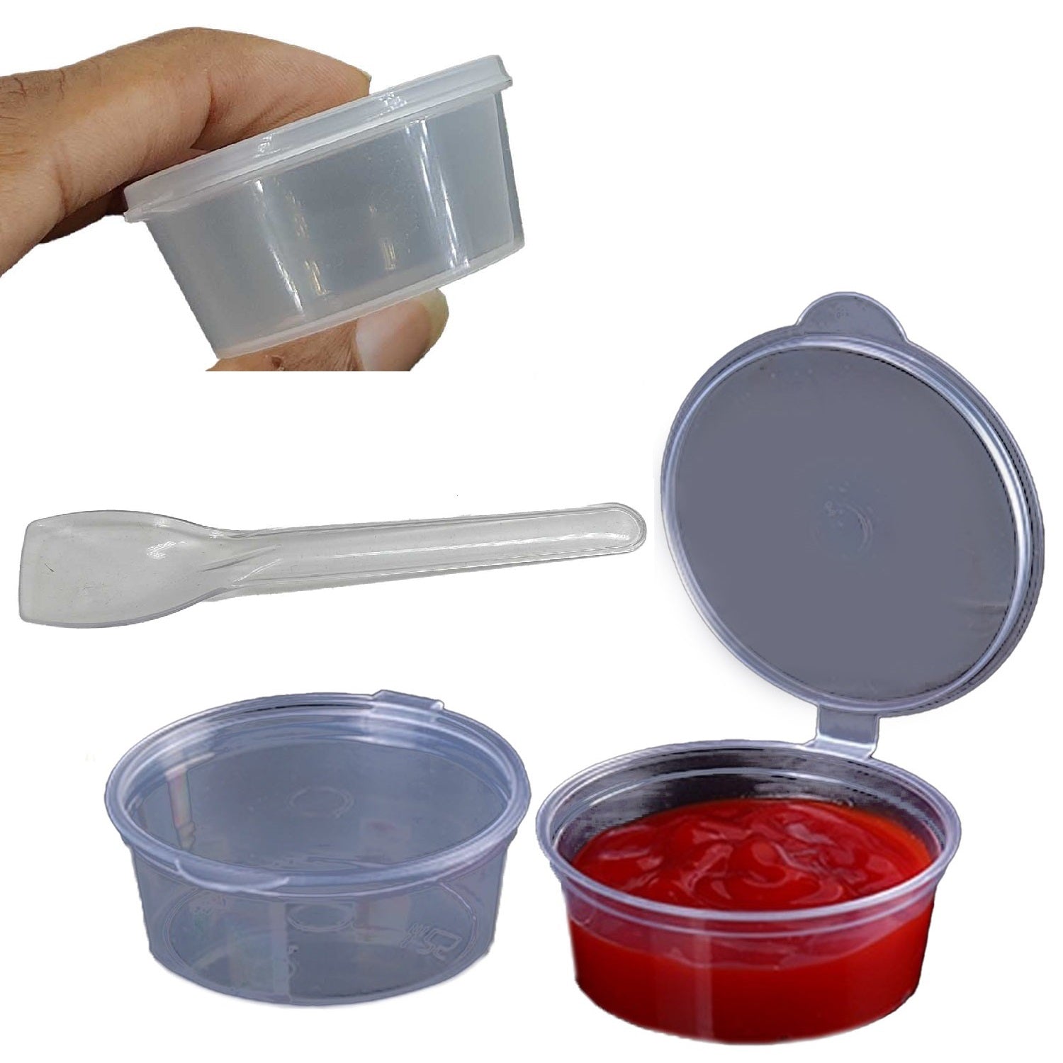 Small Polypropylene Plastic Containers With Spoon (Set of 10, Capacity 50 ML) 6x4.5x3 CM (2.25x1.75x1.2 Inch) Leak Proof With Lid For Ketchup Sauce Jam Cream [jefs-pack-boxnsupp-00153-combo2]